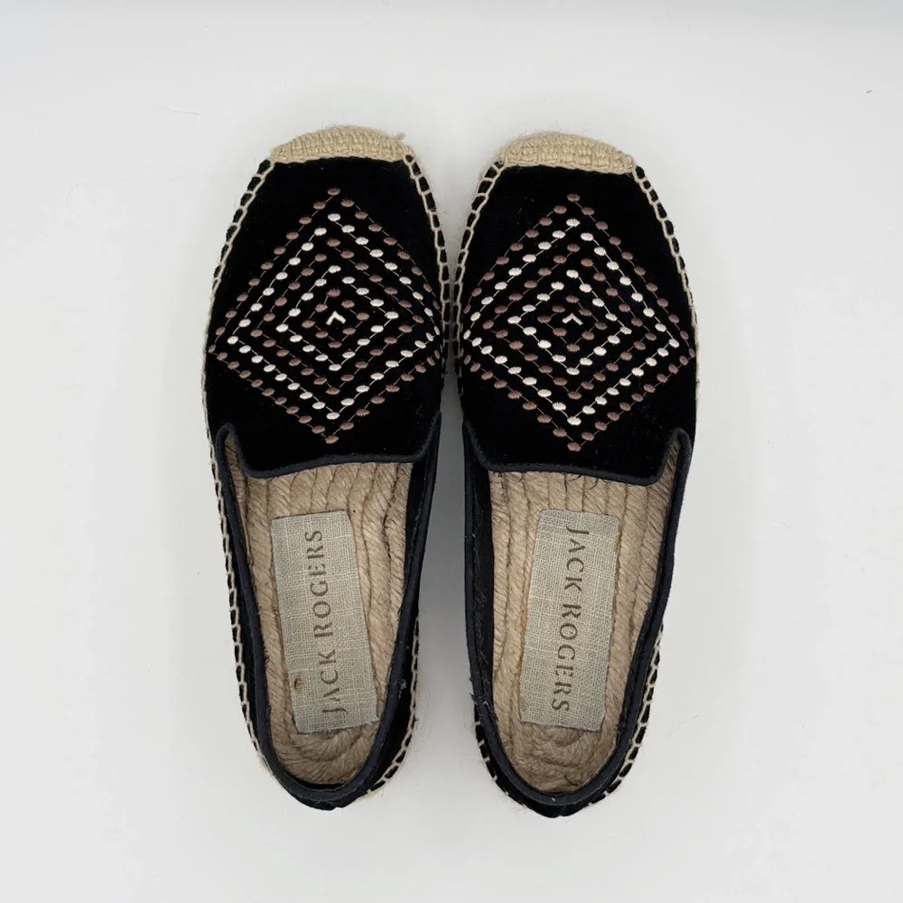 Jack Rogers Black Suede Embroidered Espadrilles Sz 7.5 Summer Classic
